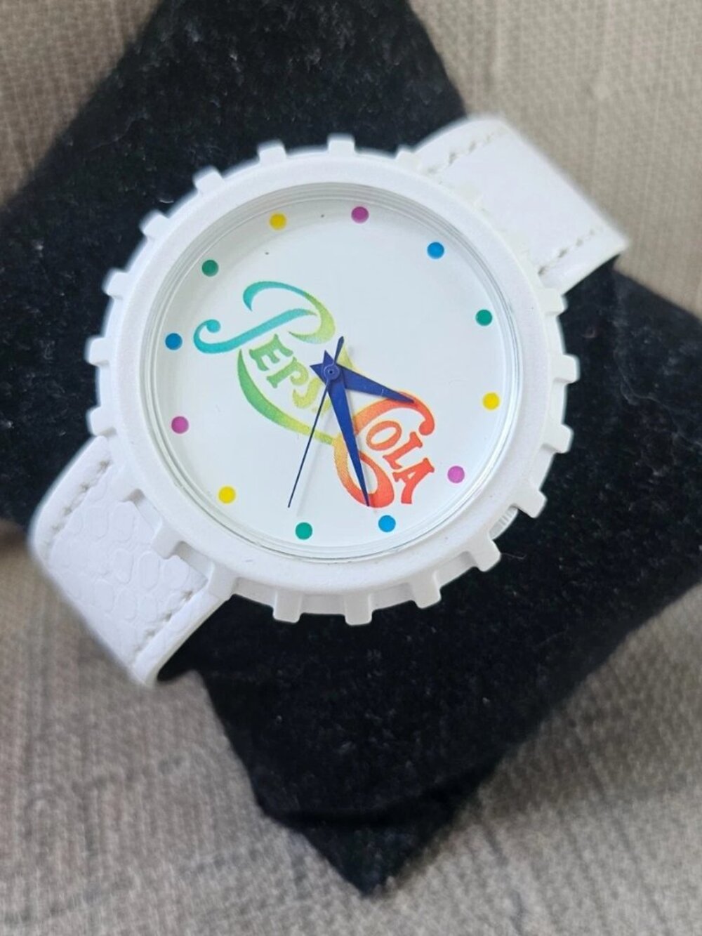 Pepsi Cola Wristwatch White Faux Leather Strap Quartz Analog Wrist Watch Rare